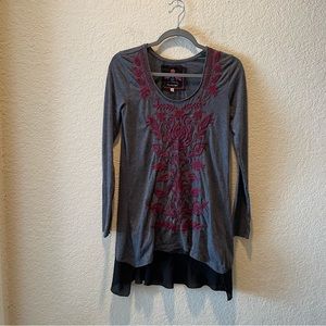 Johnny Was dark grey merlot embroidered boho pullover tunic, size S